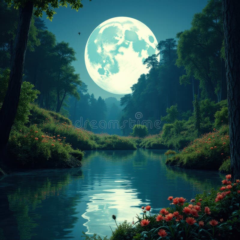 Moonlit Forest Generative AI. En serennattscen som skildrar en stillastående skog belyst av en stor ljusmåne som varsamt reflekterar över en lindningsflod omgiven av lush grey och vibranta blommor.