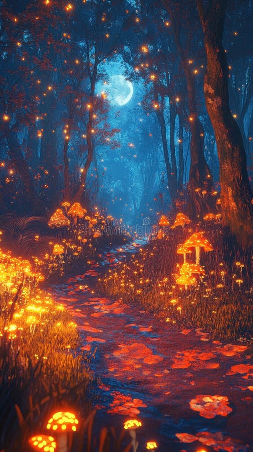 Moonlit forest with glowing mushrooms royalty free stock images
