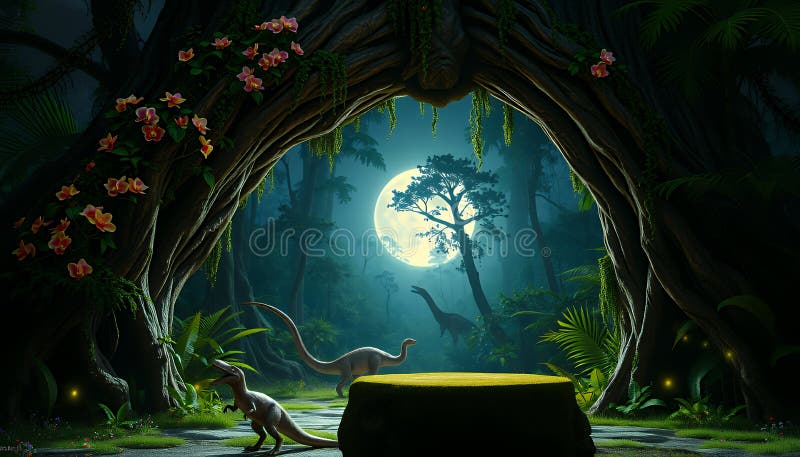 Moonlit Forest med dinosaurs : En bildkonst i Fantasy Scene royaltyfri illustrationer