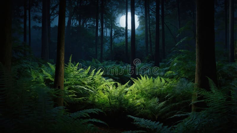 Moonlit Forest med Lush Ferns royaltyfri illustrationer