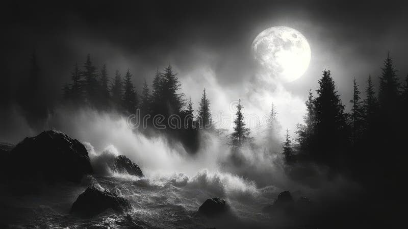 Moonlit forest with mist and dramatic waves royalty free stock photos