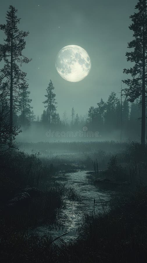 Moonlit forest with misty stream at night royalty free stock photography