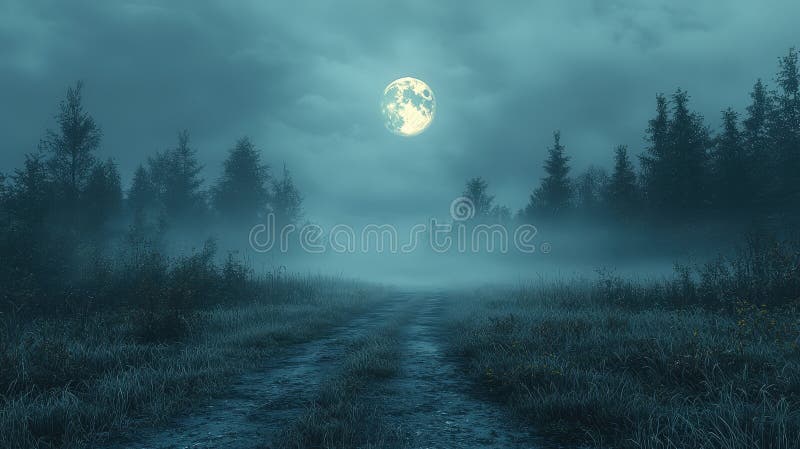 Moonlit forest path with dense mist stock image