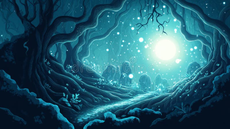 Moonlit Forest Path : Pixel Art Fantasy liggande vektor illustrationer