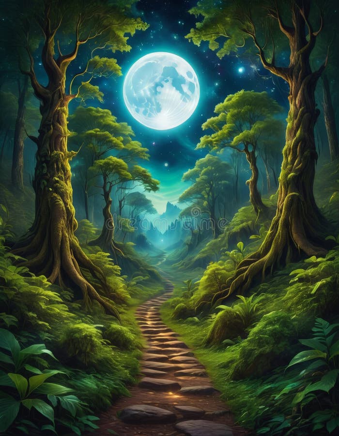 Moonlit forest path under a starry sky stock image