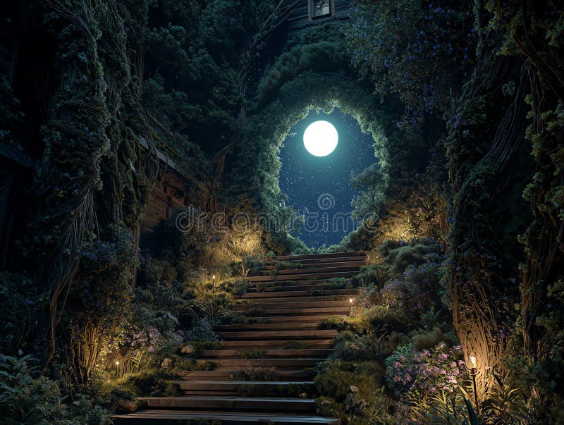 Moonlit Forest Staircase steg naturen stock illustrationer