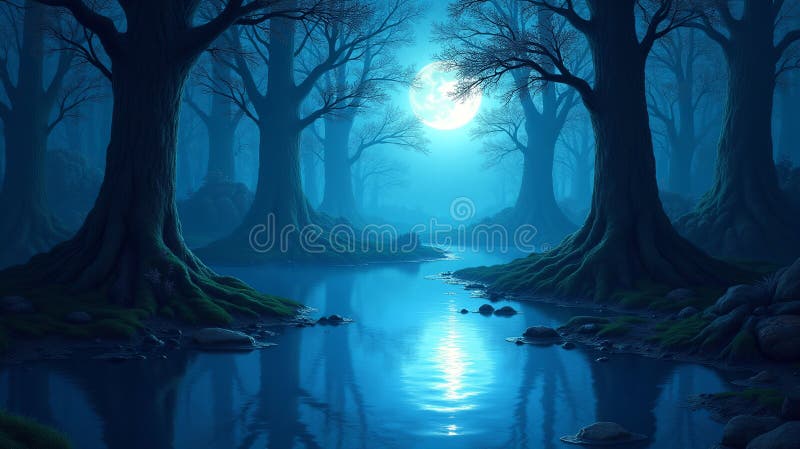 Moonlit Forest Symphony : Magisk reflektion royaltyfri illustrationer