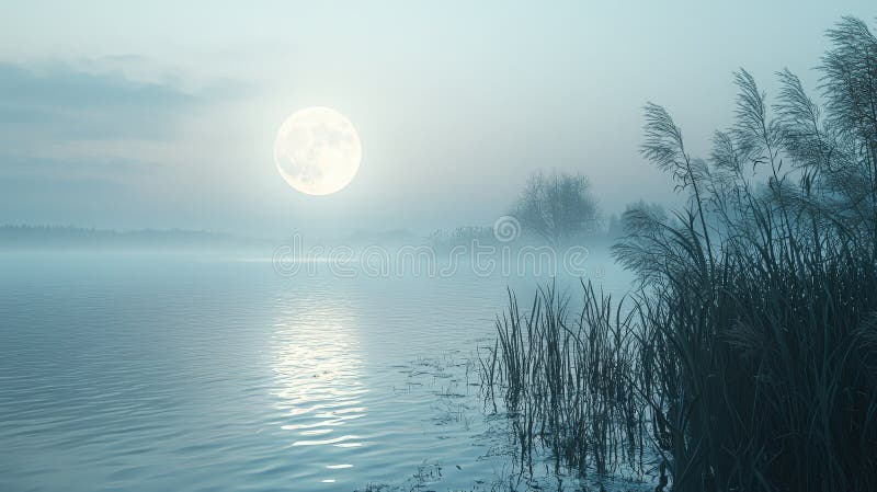 Moonlit lake with reeds and soft mist stock images