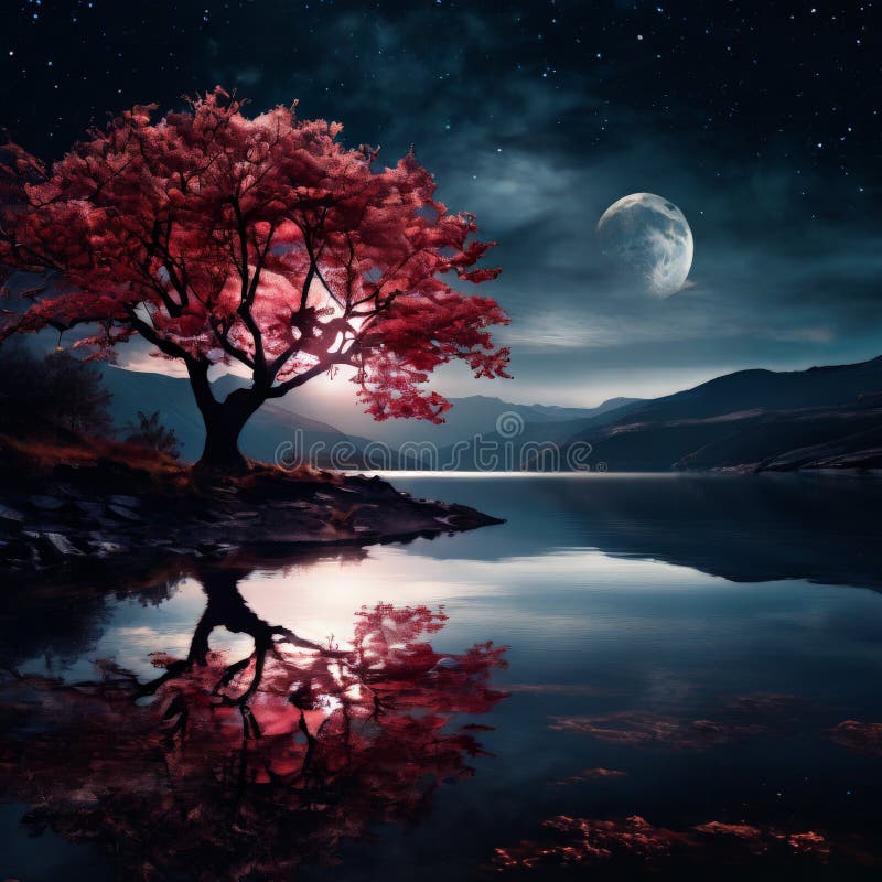 Moonlit landscape with red tree reflecting in water royalty free stock images