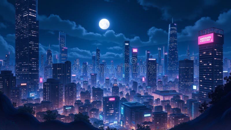 Moonlit Metropolis : En Natttime Cityscape Sergranat stock illustrationer