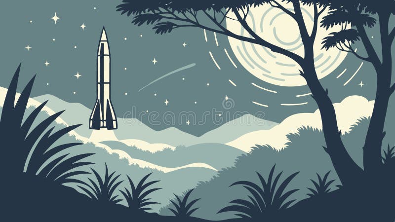 Moonlit Rocket Launch in Mystical Swamp Ligcape Vector-vektordesign Generativ AI royaltyfri illustrationer