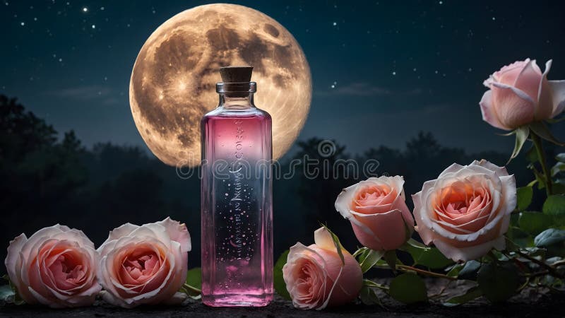 Moonlit Roses: Rose Water and Blooms Under the Enchanting Full Moon royalty free stock photography