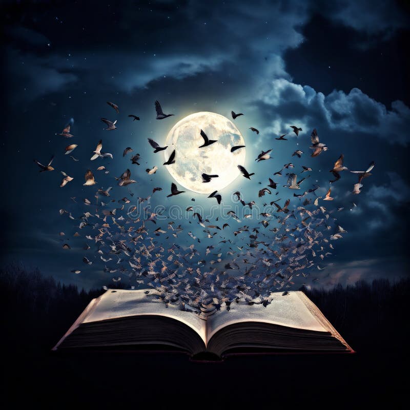Moonlit scene with birds flying from an open book. A surreal night scene where birds fly out from an open book under a full moon. The sky is dark and moody, adding a sense of mystery and fantasy. Perfect for imaginative and dreamy concepts. AI generated