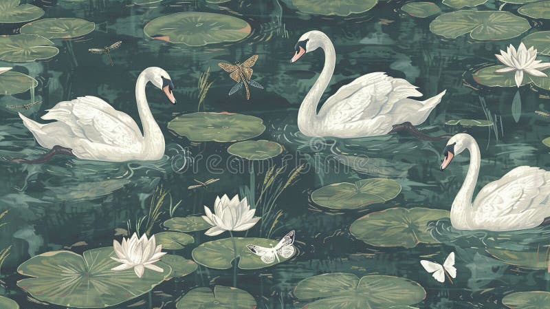 Swans Amidst Lotus in Moonlit Pond Illustration royalty free stock photo