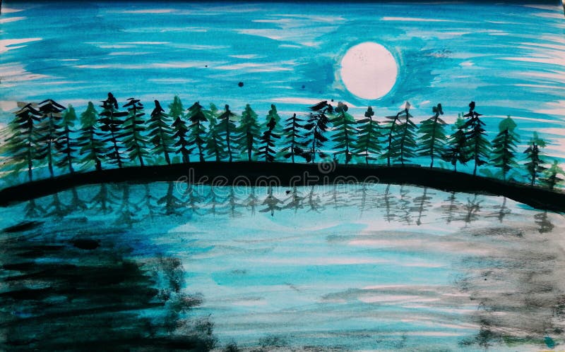 Moonlit scene over lake & trees stock photo