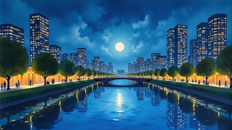 Moonlit Serenity : En tillfällig nattlig Cityscape vektor illustrationer