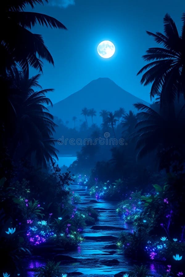 Immerse yourself in the enchanting beauty of a nocturnal paradise where a full, radiant moon casts a mystical blue glow over a majestic, silhouetted mountain. A winding, stone-paved path, illuminated by an otherworldly river of shimmering light, leads you deeper into a vibrant tropical landscape. On either side, exotic flora bursts with an incandescent brilliance of violet, sapphire, and emerald hues, creating a breathtaking contrast against the deep indigo of the night. Towering palm trees frame this tranquil scene, their dark silhouettes adding to the dreamlike atmosphere. This captivating digital artwork evokes feelings of peace, wonder, and a profound connection to nature's magic. Perfect for bringing a sense of calm and ethereal beauty to any space. this art is designed with ai. Captivating path stock images, royalty-free photos and pictures