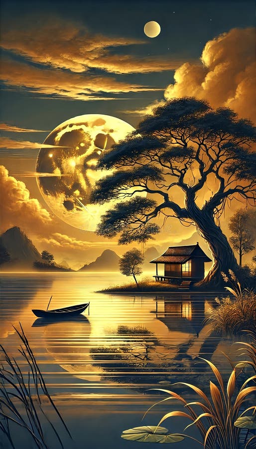 Moonlit Serenity: A Tranquil Evening by the Water& x22 stock images