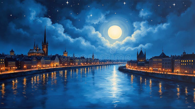 Moonlit Sergranat : En nattlig Cityscape Symphony vektor illustrationer