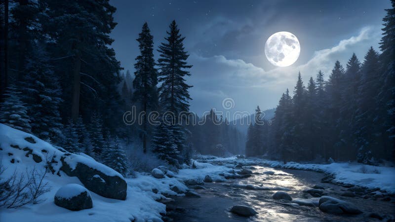 Moonlit-skog med snötäckt ström under vinternatten royaltyfri illustrationer