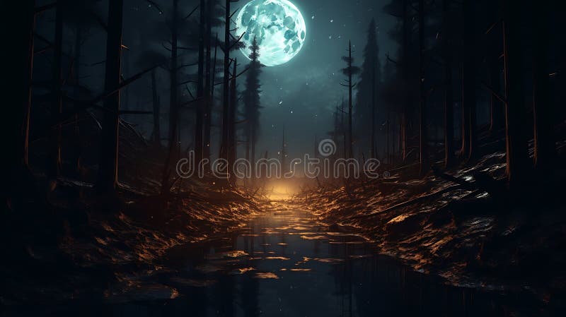 Moonlit-skogsscen med höga mörka träd och en klar himmel. En stor ljusmåne stock illustrationer