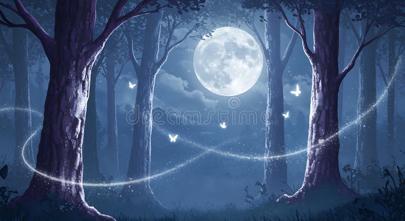 Moonlit-skogsscen med höga mörka träd som ger en stor fullmåne i himlen. vektor illustrationer