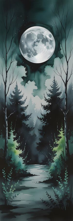 Moonlit-skogsscen med lindningsbana royaltyfri illustrationer