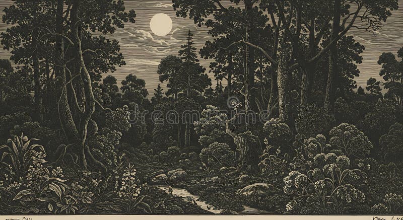 Moonlit-skogsscen skild från ett mycket detaljerat träsnitt. En fullmåne stock illustrationer