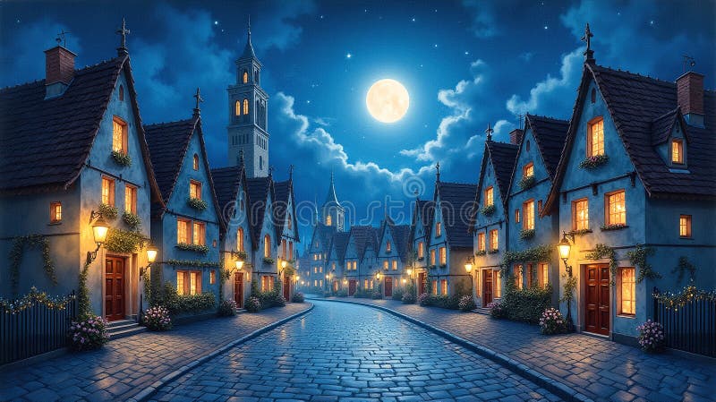 Moonlit Whispers : Enchanting Nighttime Cityscape vektor illustrationer