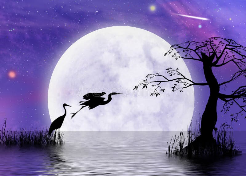 Moonscape de la fantasía de la garza stock de ilustración Moonscape de la fantasía de la garza stock de ilustración