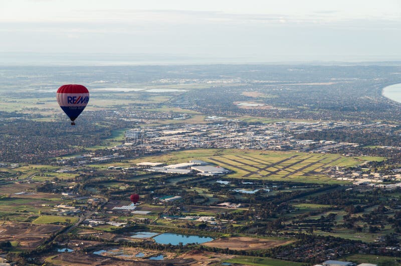 Melbourne, Australia - September 15, 2013: Moorabbin Airport in south-eastern Melbourne, a general aviation airport for light aircraft. Aerial shot of Moorabbin Airport, shot from a hot air balloon. Other balloons are also visible.