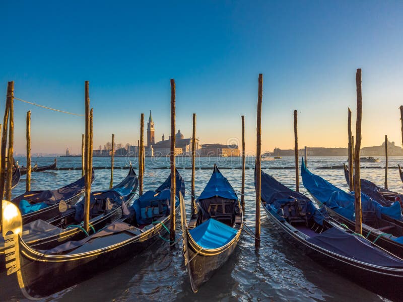 The moored gondolas in Venice