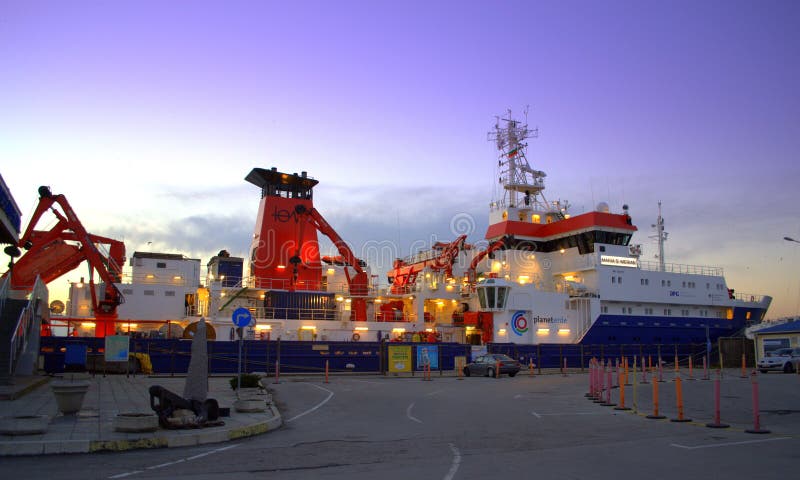 Moored ship in the port. Photo taken on sunset at Varna port,Black sea coast, Bulgaria, Europe on December,2013. RV Maria S. Merian is Germanys most modern research vessel, named after the naturalist and illustrator Maria Sybilla Merian. As of March 2006, Germany operates three other research vessels of its class, none of which are as well-equipped. The Merian was financed by the German government and is assigned to the Leibniz Institute for Baltic Sea Research at Warnemünde, with Rostock as its home port. It is also available to several other German research institutes. Its tasks are Arctic research, research on the Gulf Stream, and seabed research to a depth of 10 km. It is manned by a crew of 21, and can additionally accommodate 22 scientists. The vessel is equipped with several laboratories. It has room for 150 tons of additional scientific equipment in accessible containers, providing flexibility in research assignments. The ship is equipped with two azimuth thrusters, a lateral pump-jet, and satellite navigation, enabling it to automatically maintain an exact position. It can operate without any polluting emissions for 48 hours, allowing it to conduct research in ecologically sensitive areas. The Merian is capable of operating in near-polar regions and can handle drift ice up to a thickness of 50 cm. It is 94. 80 m long, 19. 20 m wide, and has a maximum draft of 6. 50 m. Flank speed is 15 knots (28 km/h), and range is up to 7,500 nautical miles (13,900 km) and 35 days. Exact range stock images, royalty-free photos and pictures
