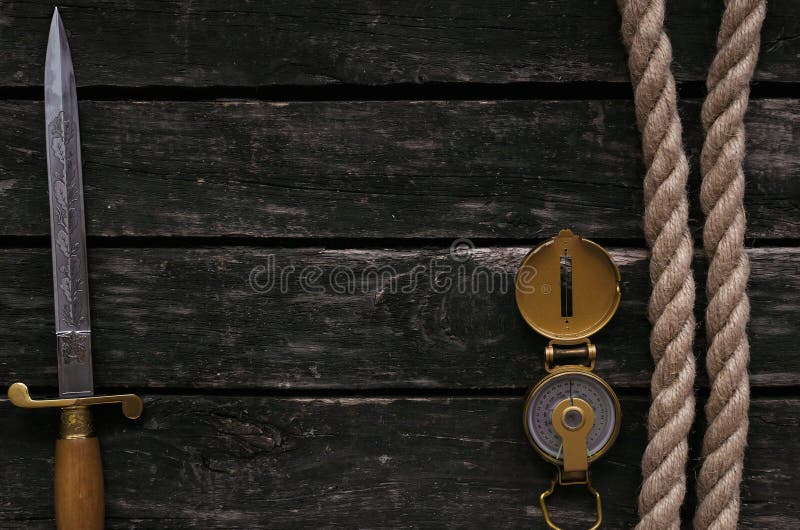 Rope, Dagger Blade and Compass. Stock Image Image of moorings