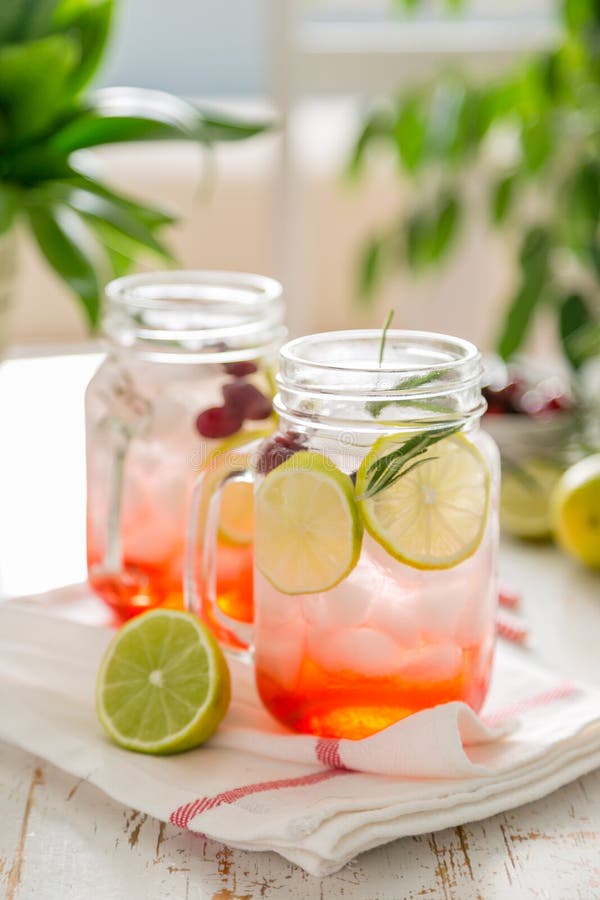Moosbeerlimonade im Glasgefäß stockbild
