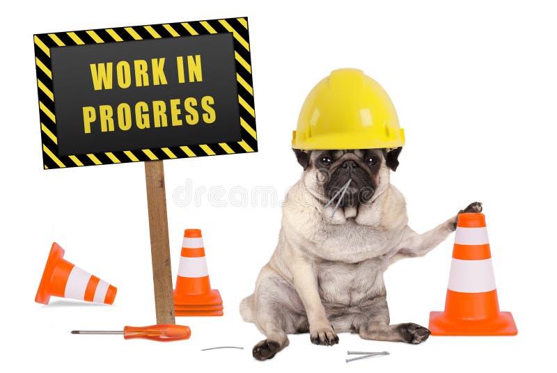 Pug dog with constructor safety helmet and yellow and black work in progress sign on wooden pole, isolated on white background. Pug dog with constructor safety helmet and yellow and black work in progress sign on wooden pole, isolated on white background