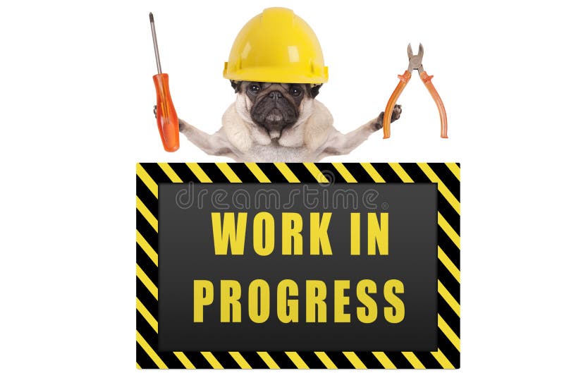 Pug dog wearing yellow constructor safety helmet,holding pliers and screwdriver, with warning sign saying work in progress, isolated on white background. Pug dog wearing yellow constructor safety helmet,holding pliers and screwdriver, with warning sign saying work in progress, isolated on white background