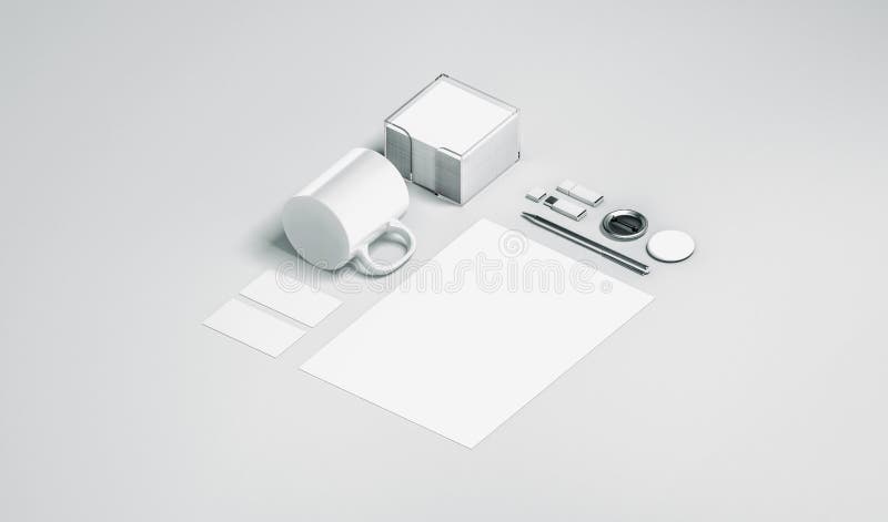 Moquerie blanche vide d'ensemble de papeterie de bureau d'isolement illustration stock Moquerie blanche vide d'ensemble de papeterie de bureau d'isolement illustration stock
