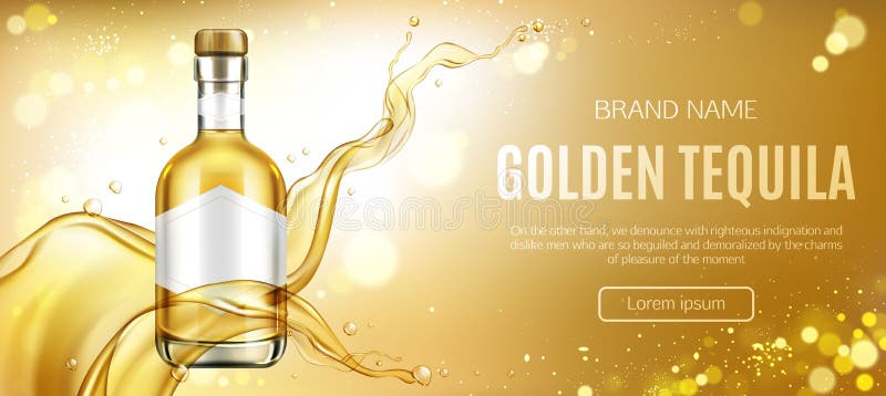 Moquerie d'or de bouteille de tequila vers le haut d'annoncer la bannière illustration stock Moquerie d'or de bouteille de tequila vers le haut d'annoncer la bannière illustration stock