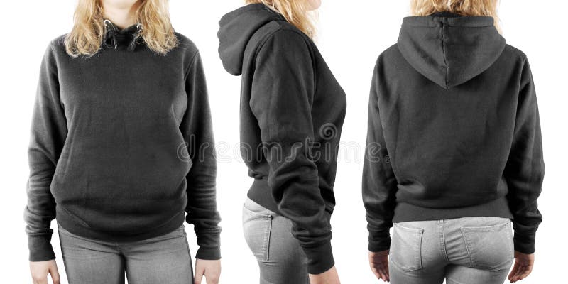 Moquerie noire vide de pull molletonné établie d'isolement, avant, dos et vue de côté photographie stock Moquerie noire vide de pull molletonné établie d'isolement, avant, dos et vue de côté photographie stock