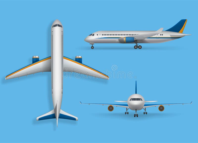 Moquerie réaliste d'avion de passager, avion de ligne dans le dessus, côté, vue de face Vol moderne d'avions sur le bleu illustration stock Moquerie réaliste d'avion de passager, avion de ligne dans le dessus, côté, vue de face Vol moderne d'avions sur le bleu illustration stock