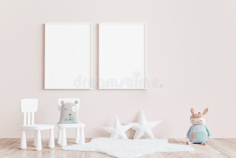 Moquerie vide de cadre de la chambre minimaliste moderne d'enfants vers le haut intérieure aux couleurs pastels