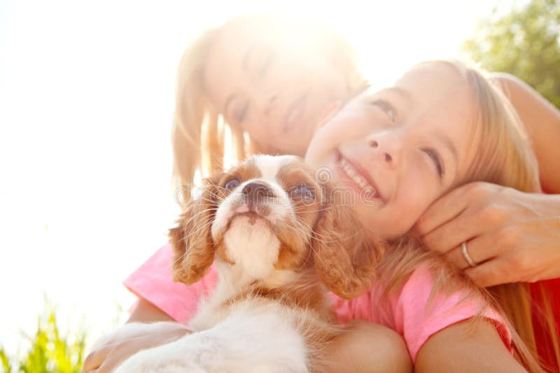 Mor, flicka och hund i naturen efter adoption, hundvård och sammankoppling med lycka. Fina kvinnor och barn royaltyfri fotografi