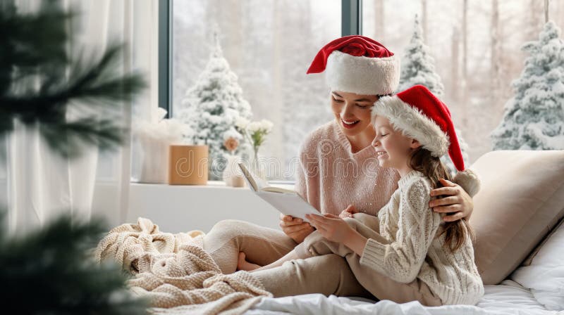 Mor och dotter som läser en bok arkivbilder
