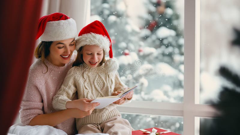 Mor och dotter som läser en bok arkivfoto