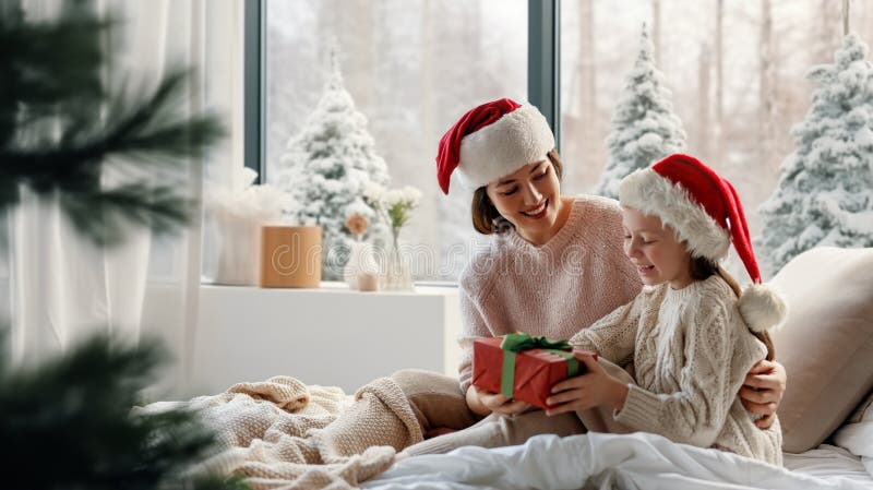 Mor och dotter utbyter gåvor fotografering för bildbyråer