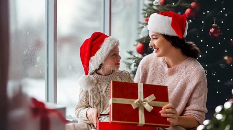 Mor och dotter utbyter gåvor royaltyfri fotografi