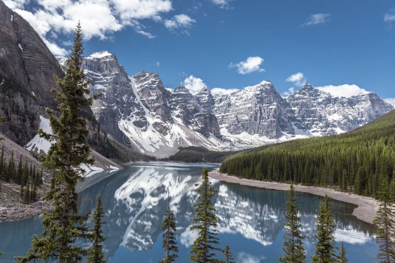 Beautiful panoramic view over Moraine lake in Jasper National Park, Summer Canadian Rockies, Canada. Sunny day with amazing blue sky. Majestic mountains in the background. Clear blue water. Beautiful panoramic view over Moraine lake in Jasper National Park, Summer Canadian Rockies, Canada. Sunny day with amazing blue sky. Majestic mountains in the background. Clear blue water.