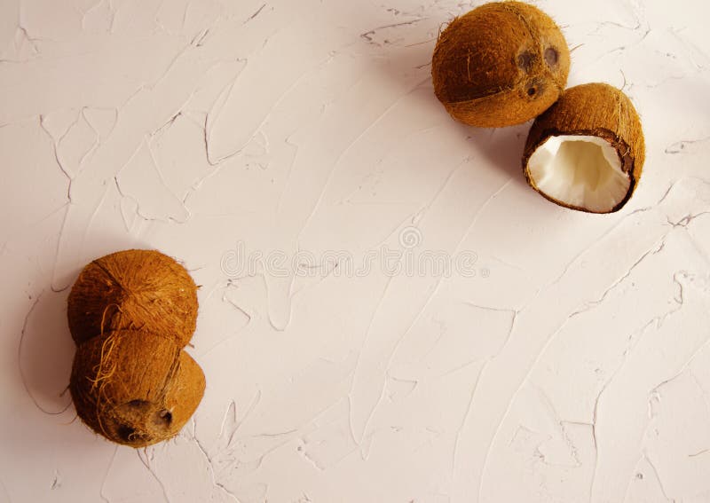 Morceaux de noix de coco sur le fond blanc, configuration plate, vue sup?rieure Ton de corail photos libres de droits Morceaux de noix de coco sur le fond blanc, configuration plate, vue sup?rieure Ton de corail photos libres de droits