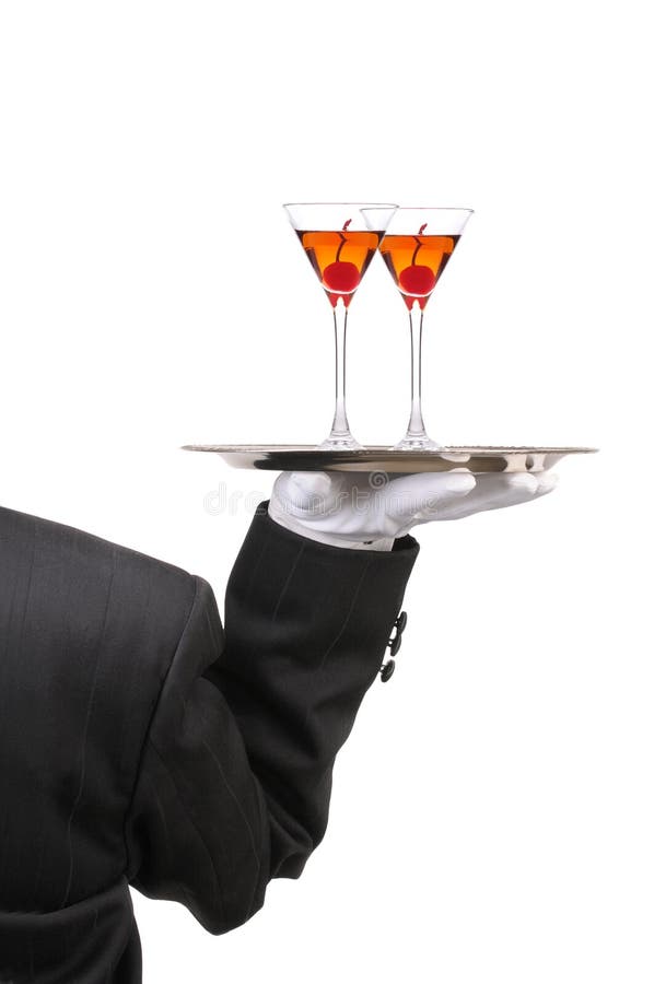 Mordomo com vidros de vinho na bandeja imagem de stock Mordomo com vidros de vinho na bandeja imagem de stock
